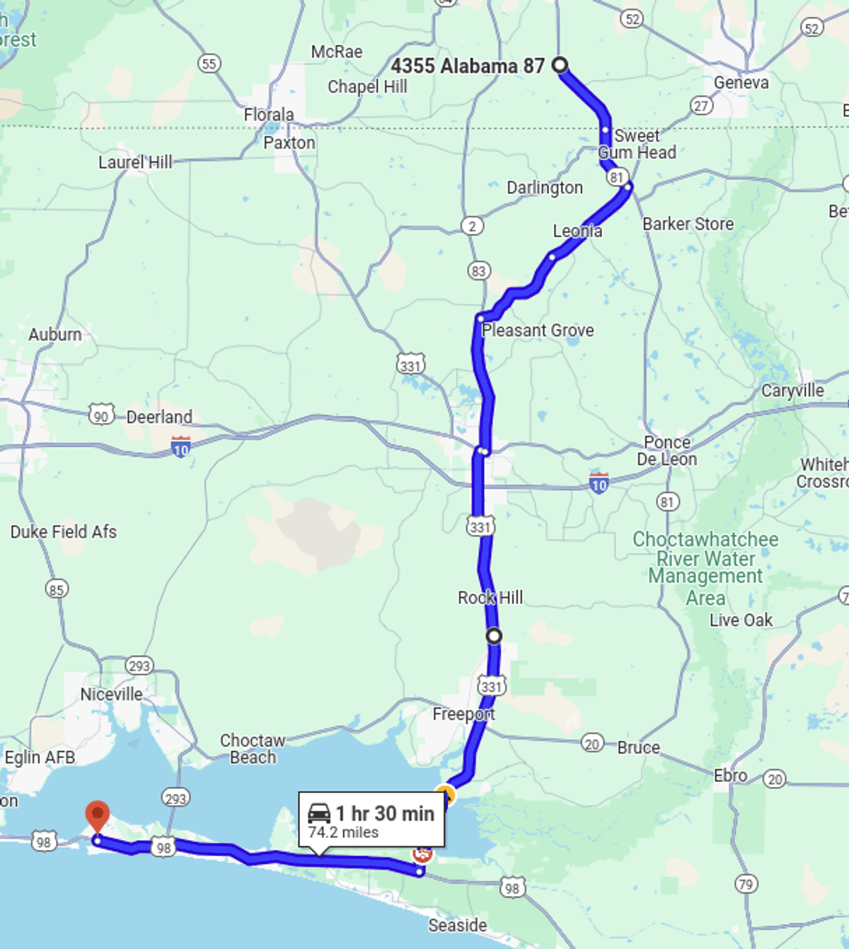 image of a map showing the distance from live oak rv park in samson al to destin fl